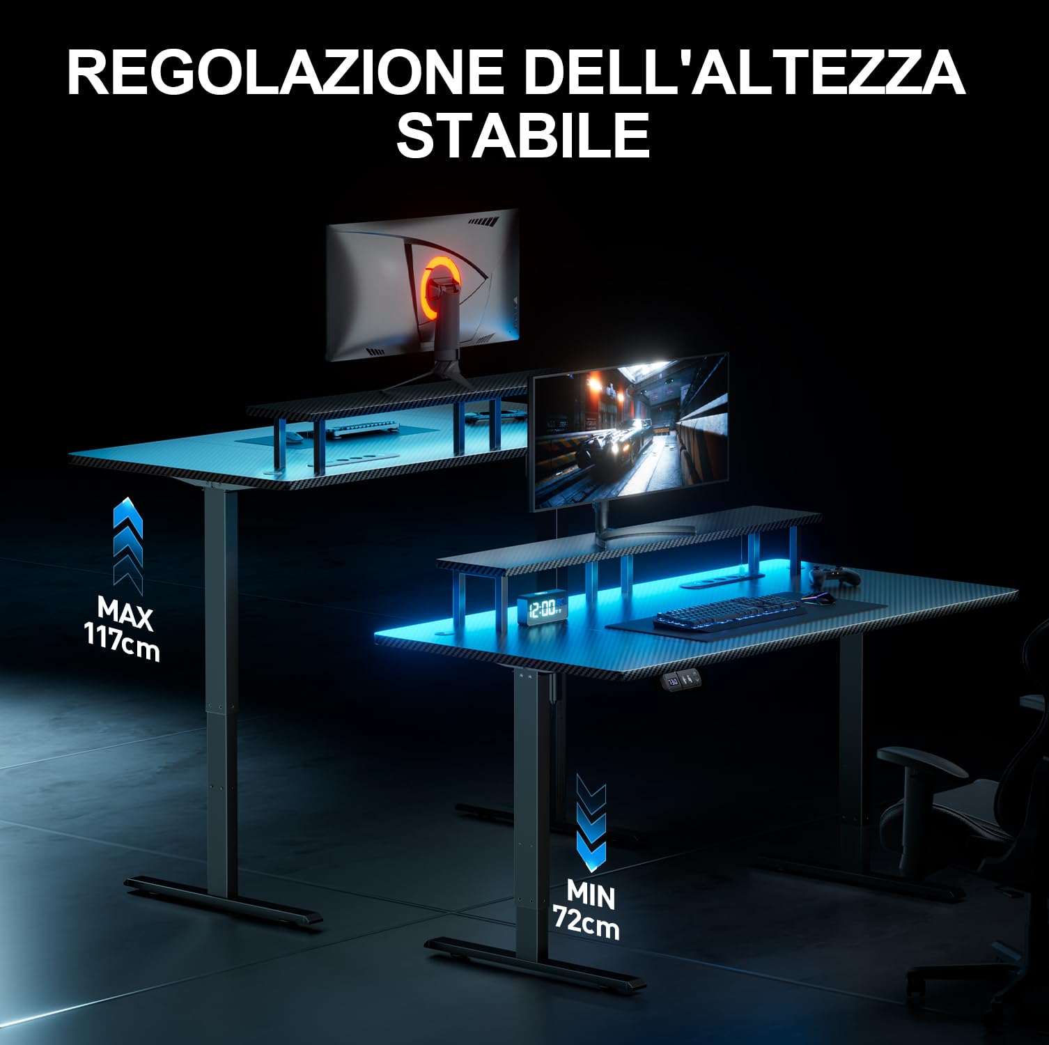 HLFURNIEU Scrivania Gaming LED 140 x 60 cm, Scrivania Regolabile in Altezza con Prese & Porte USB, Tavolo Gaming con Supporto per Monitor, 2 Controlli Memoria, Postazione Gaming Nero