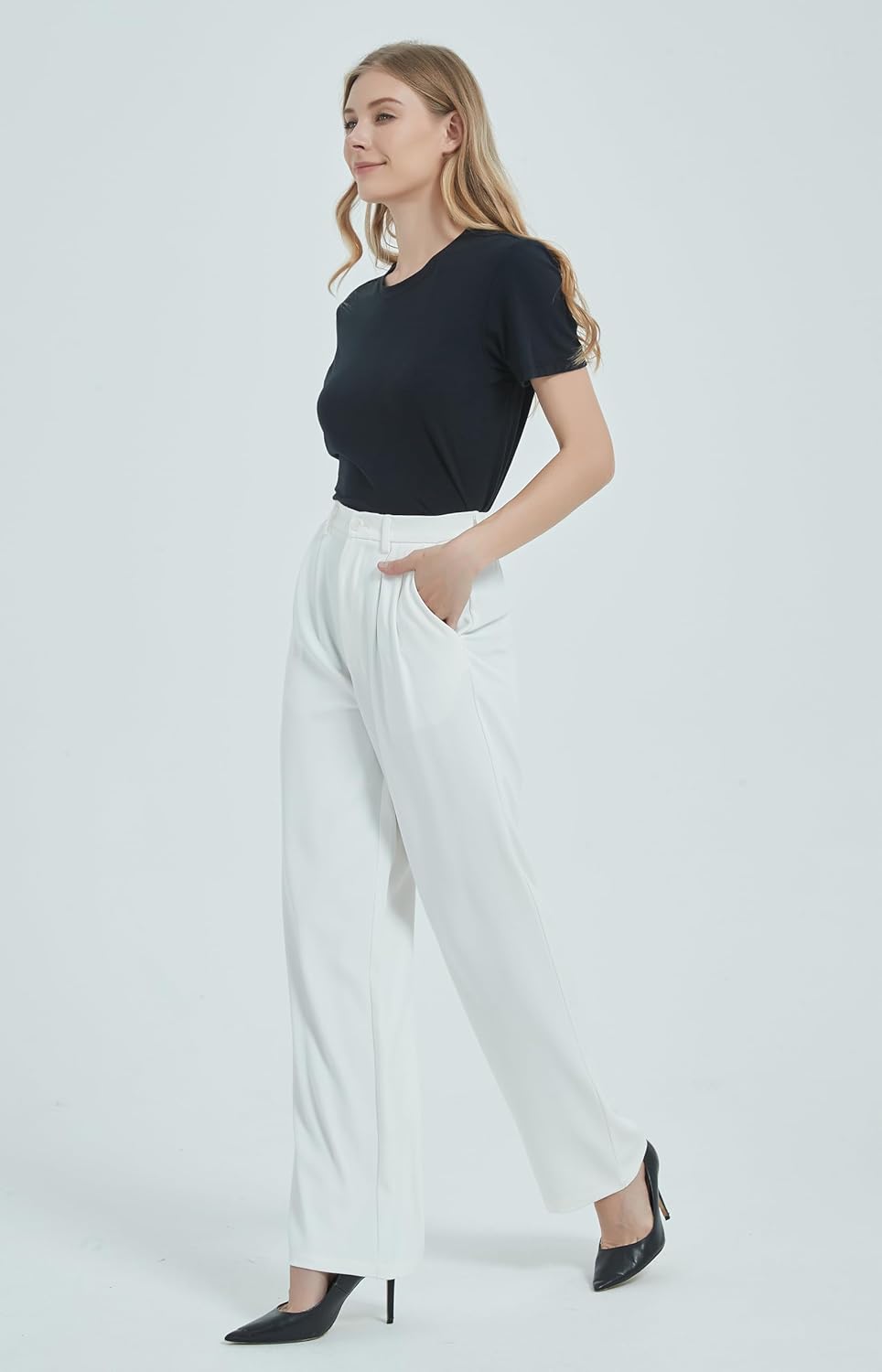 Tronjori Women High Waist Casual Straight Leg Dress Pants Office Work Trousers Suit Pants Back Elastic Waistband - Image 5