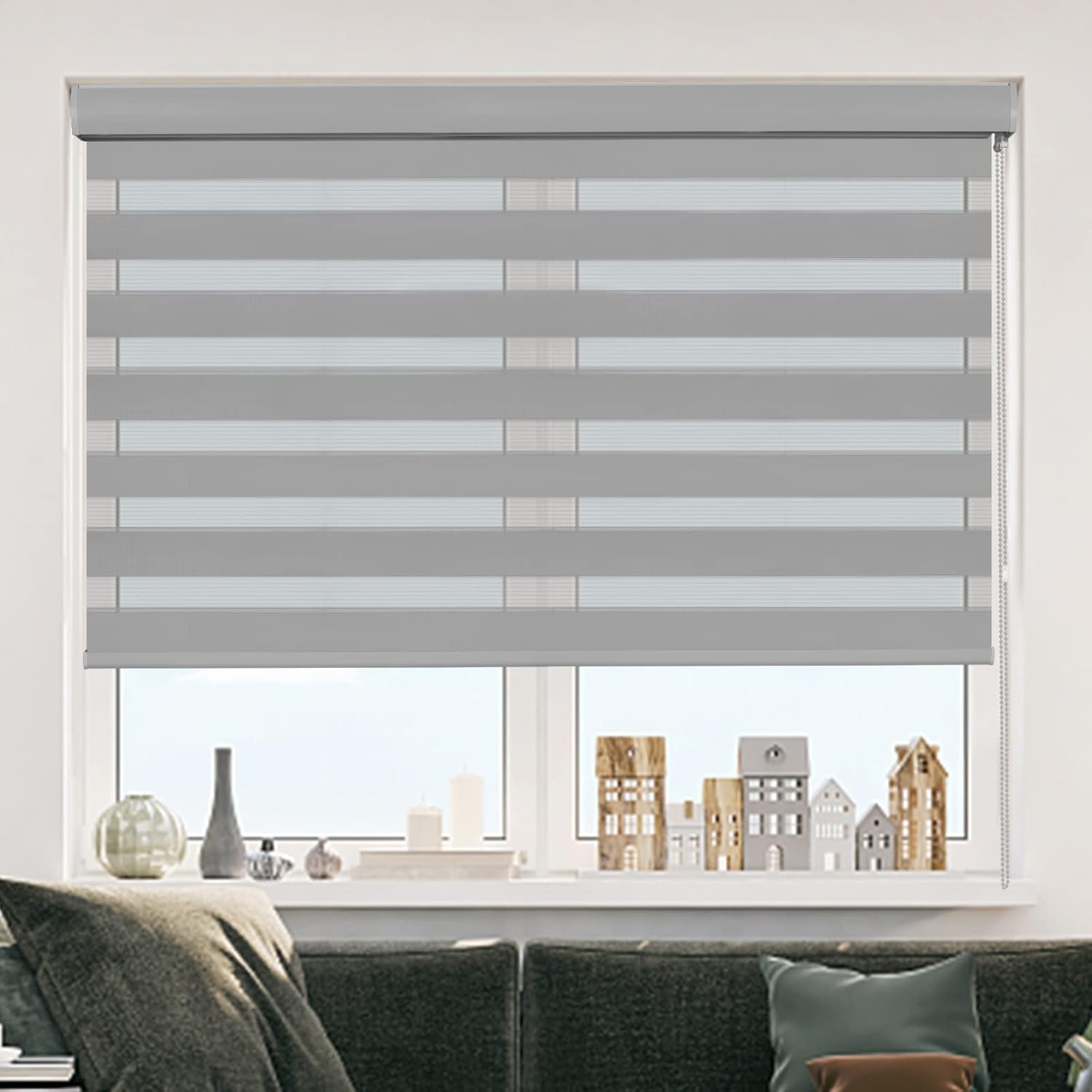 Kokorona Zebra Roller Shades for Windows, Zebra Window Blinds Dual Layer Sheer Shades Light Control Day and Night Window Treatments with Valance, Grey, 20" W X 72" H