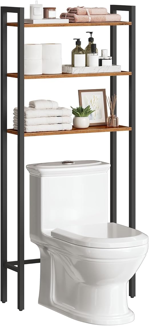 HOOBRO Over-The-Toilet Storage, 3-Tier Bathroom Organizer Over Toilet, Wooden Bathroom Shelves, Space Saver, Freestanding Storage Shelf, Easy to Assemble, Rustic Brown and Black BF41TS01