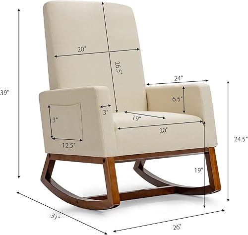 KOMFOTT Mecedora tapizada, para sala de estar, ocio, con marco de madera de goma, sillón decorativo con respaldo alto y bolsillo de almacenamiento,