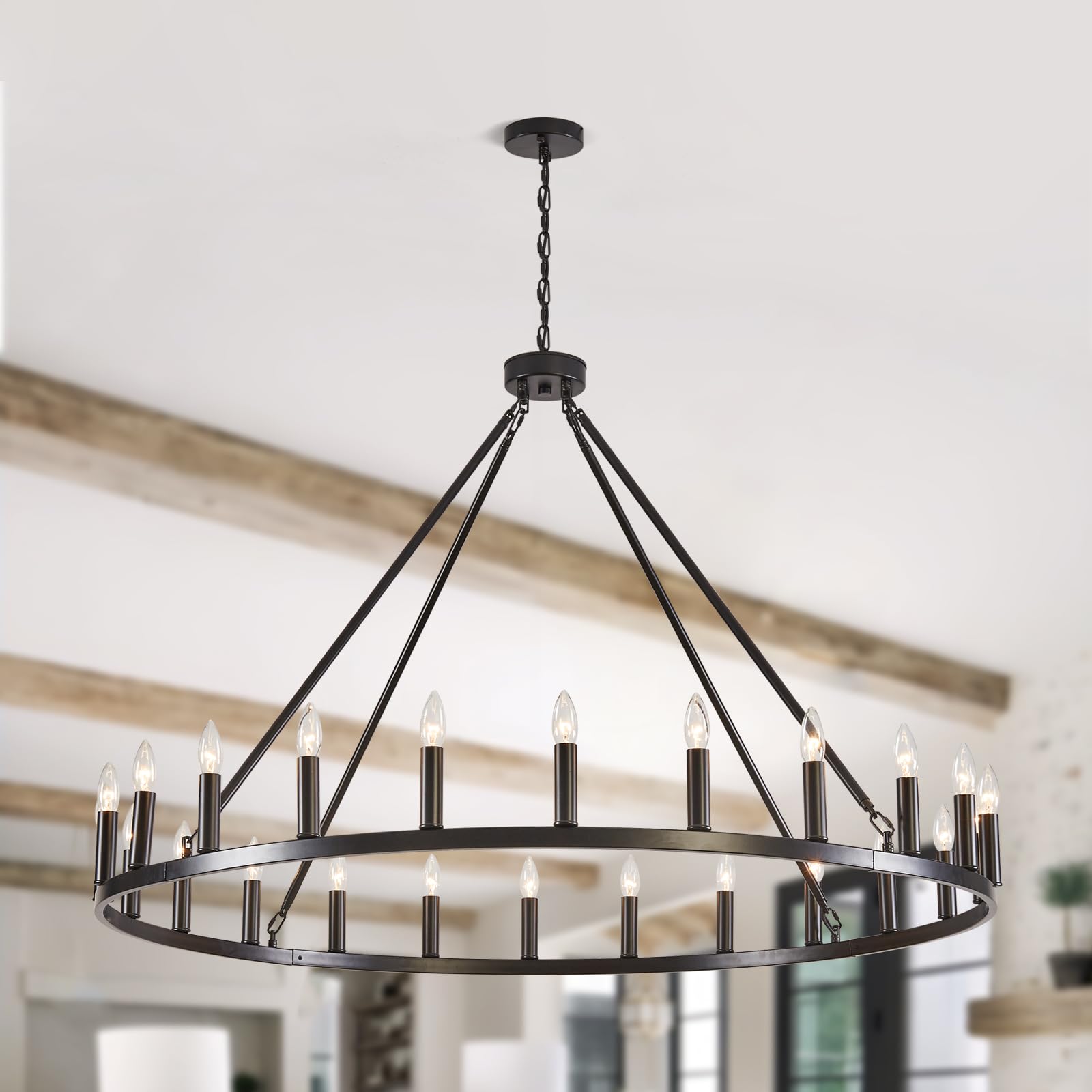 50 Inch 24 Lights Black Wagon Wheel Chandelier, E12 Bulb Large Farmhouse Industrial Hanging Chandeliers, Vintage Rustic Candle Pendant Light for High Ceiling, Living Room, Dinning Room, Foyer