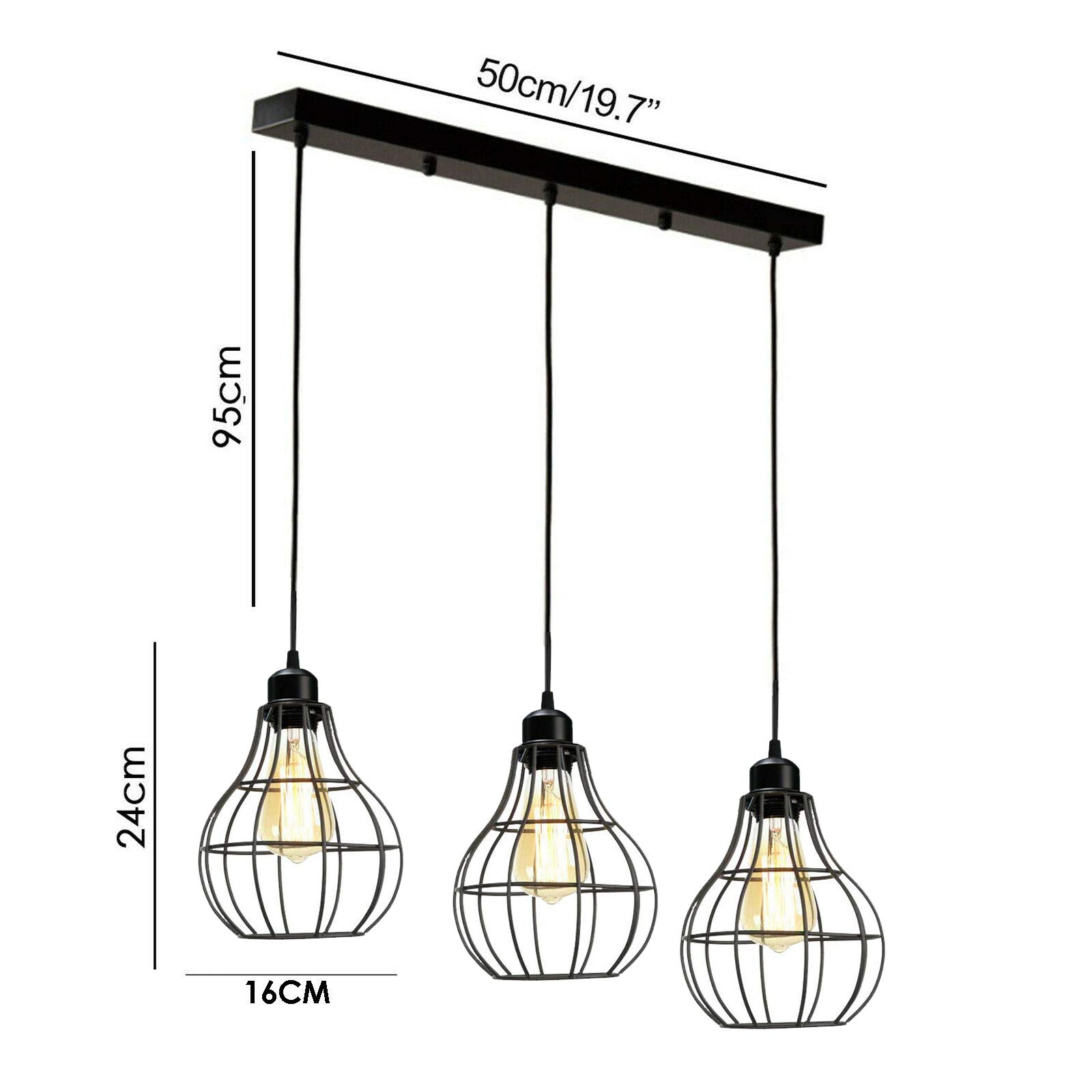 LEDSone Vintage Retro 3 Way Ceiling Pendant Light Cluster Light Fitting Black Diamond Shaped Wire Cage Lampshades - Image 3
