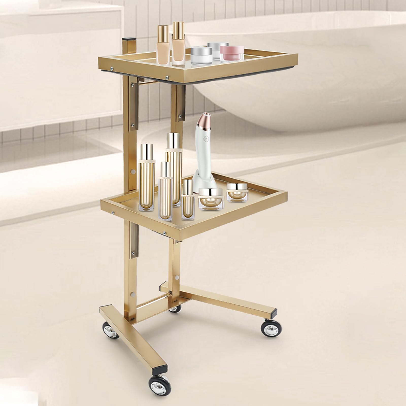 2 Tier Metal Rolling Cart, Stainless Steel Salon Tray with Wheels, Foldable Utility Carts, Gold Folding Salon Tray Trolley for Tattoo
