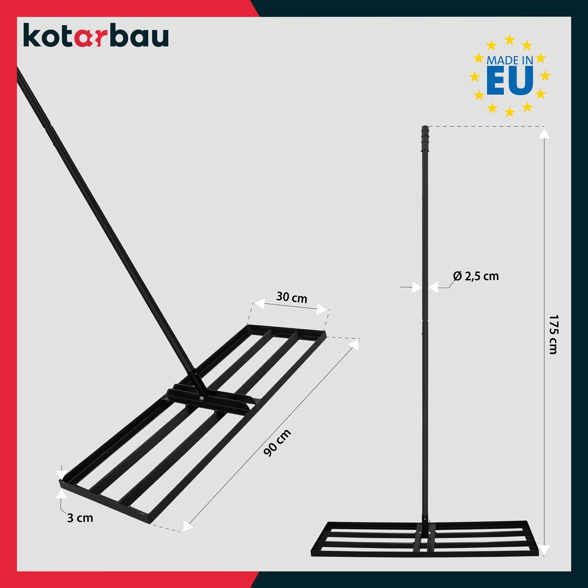 KOTARBAU® Rasenrakel - 90 x 30 cm - Rasen Nivellierrechen - mit Stahlstiel - 175 cm - Gartenwerkzeug zur Rasenpflege - Rasen Rakel - Gartenzubehör - Stahl - Schwarz