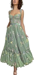 Fivsole Women's Midi Floral Prom Dresses Flower Embroidered Short Formal Tulle Evening Party Gown