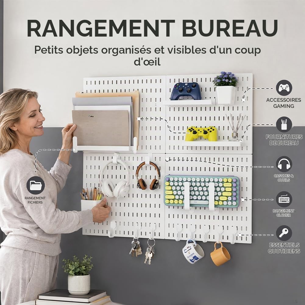 Lot de 4 tableaux perforés (30 x 30 cm) + 20 accessoires pour le rangement de la pièce, la décoration et l'organisation, installation facile et combinaison libre