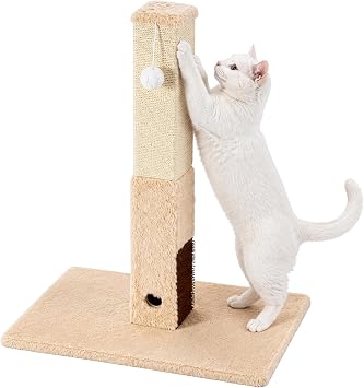 Cat Scratching Post Indoor Cat Tree with Natural Sisal Rope Interactive Dangling Toy Ball & Self-Grooming Brush Vertical Claw Scratcher for Kittens and Adult Cats (Beige)