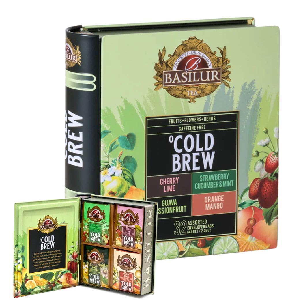 Basilur Iced Tea Cold - Brew Assorted Tea Book Tin Caddy | Gift Set | 4 Blends: Cherry Lime, Strawberry Cucumber & Mint, Guava Passionfruit and Orange Mango | 32 Foil Enveloped Tea Bag