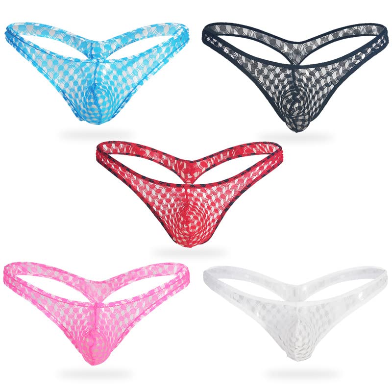 Evankin Men's Breathable Mesh Thong Underwear with Fun Grid Cut-Out Design 5 Pack