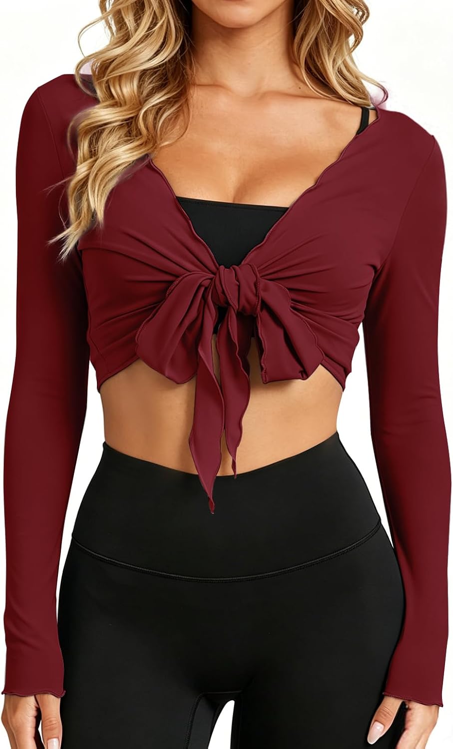 Womens Tie Front Pilates Wrap Top Long Sleeve Workout Cropped Cardigan Yoga Ballet Bolero Shrug