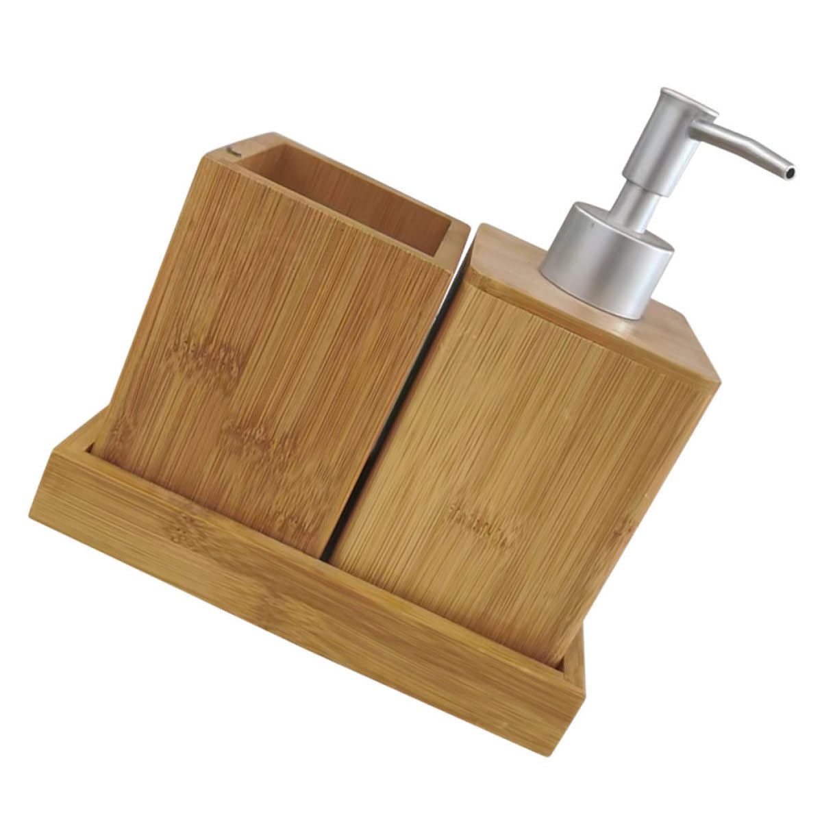 Artibetter 1set Accessori Bagno in Bamboo con Dispenser Sapone e Porta Spazzolini Multifunzionale Materiale Robusto e Design Elegante per Uso Quotidiano Completo di Bicchiere per Sciacquo