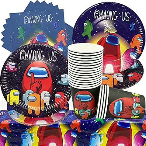 Amongs Us Birthday Party Set, 61 Pieces, Among Decoration Birthday Set, 20 Plates, 20 Cups and 20 Napkins, Tablecloth, Children's Birthday, Party Decoration, Baby (20 Guests) Cover