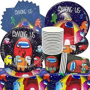 Amongs Us verjaardagsfeestset, 61 stuks Among decoratie verjaardagsset, 20 borden, 20 bekers en 20 servetten, tafelkleed…