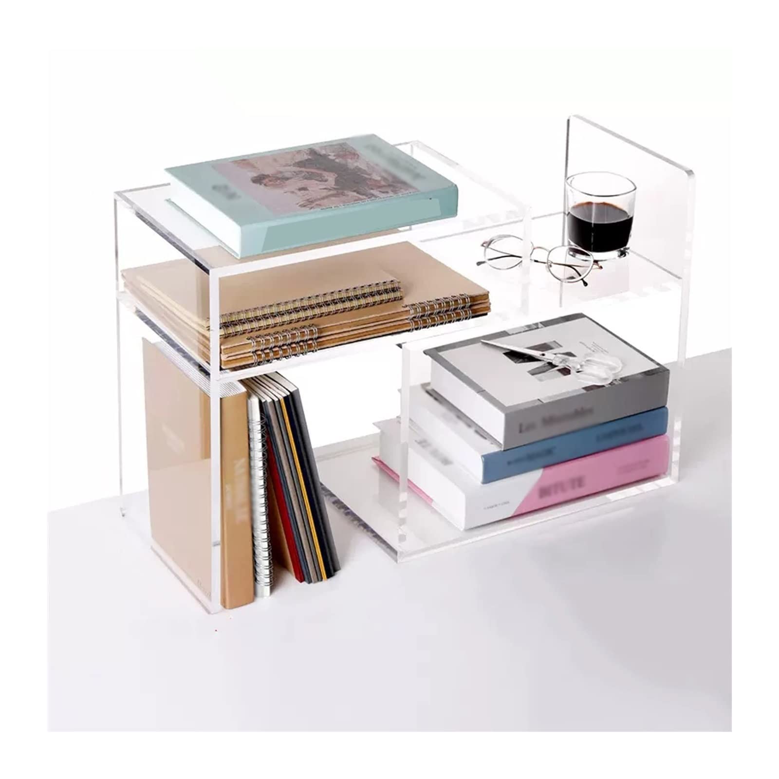 Huangj-0527 Bookcase Storage Shelves Expandable acrylic Desktop Bookshelf Transparent P-shape Desktop Organizer Office Storage Rack Small Adjustable Desktop Organizer for Office and Home Book Shelves