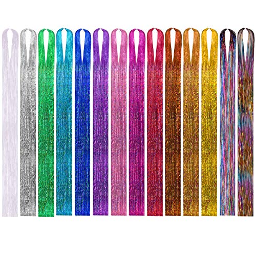 Hair Tinsel Strands, 14 Colors Sparkling Shiny Hair Tinsel Extensions Party Highlights Glitter Extensions 40 Inches Hair Pieces #TOP26