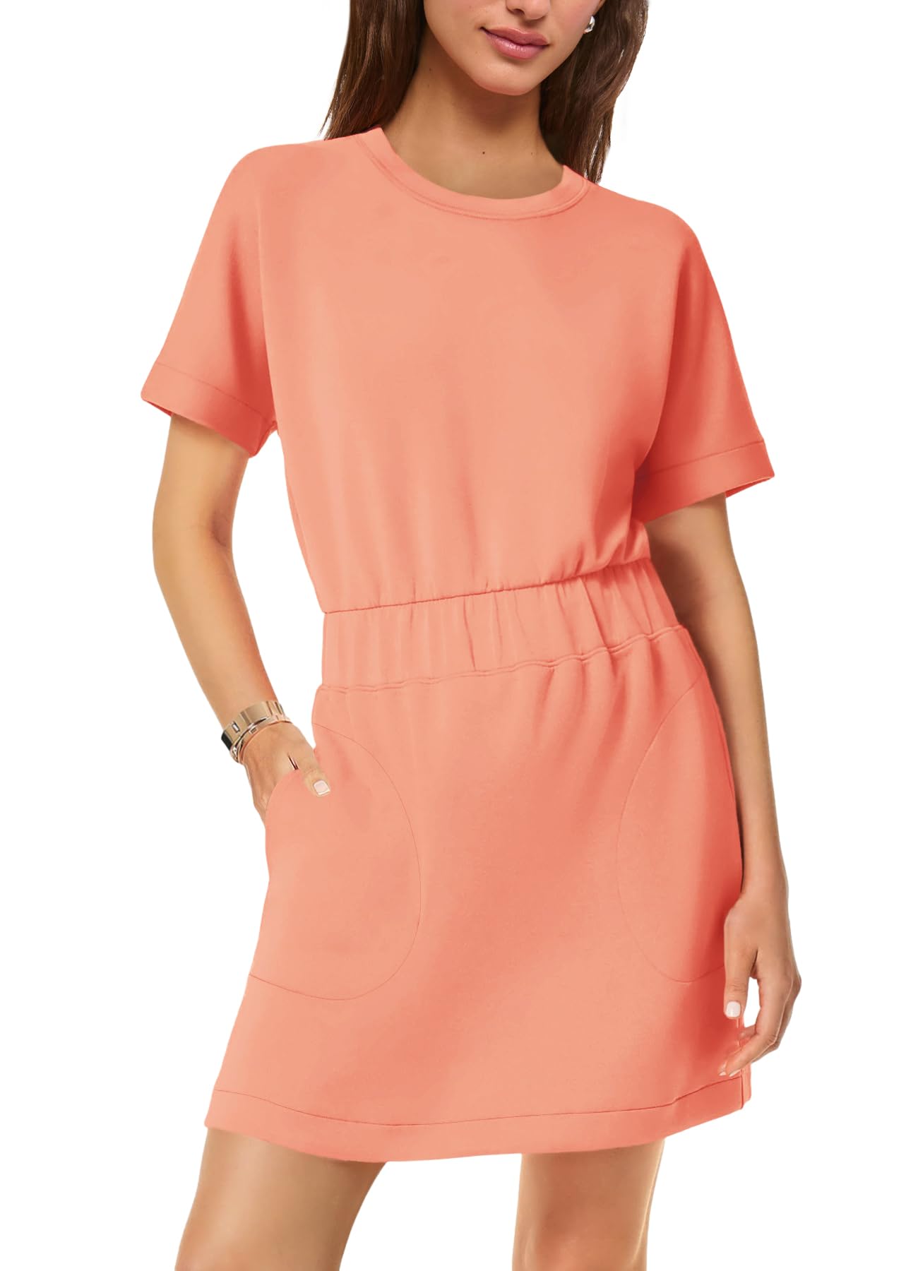 SENSERISE Womens Short Sleeve T Shirt Dresses Crew Neck Solid Color Basic Smocked Waist Dress with Pockets