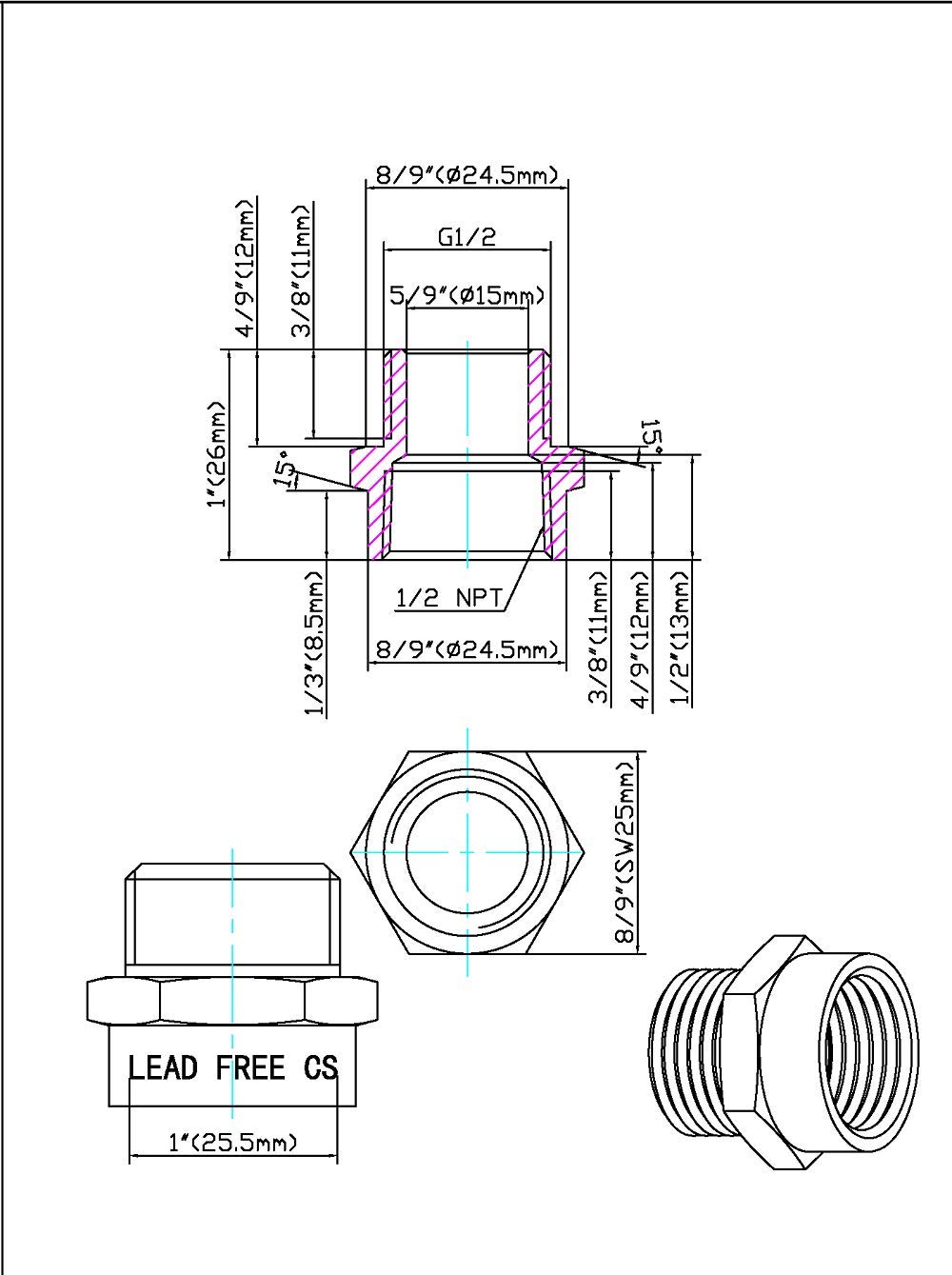 G (Metric BSPT) Thread Male to NPT Thread Female Pipe Fitting Adapter LeadFree Adapter (1/2