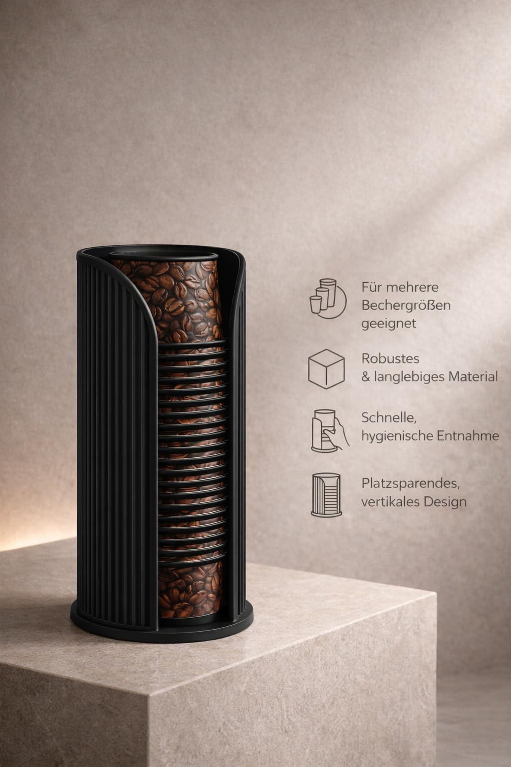 Becherspender Kaffee Becher Spender für Büro & Kaffeestation – Vertikaler Einwegbecher Halter aus robustem Kunststoff – Platzsparender Cup Dispenser für 8oz & 12oz (Schwarz, Large Coffee)