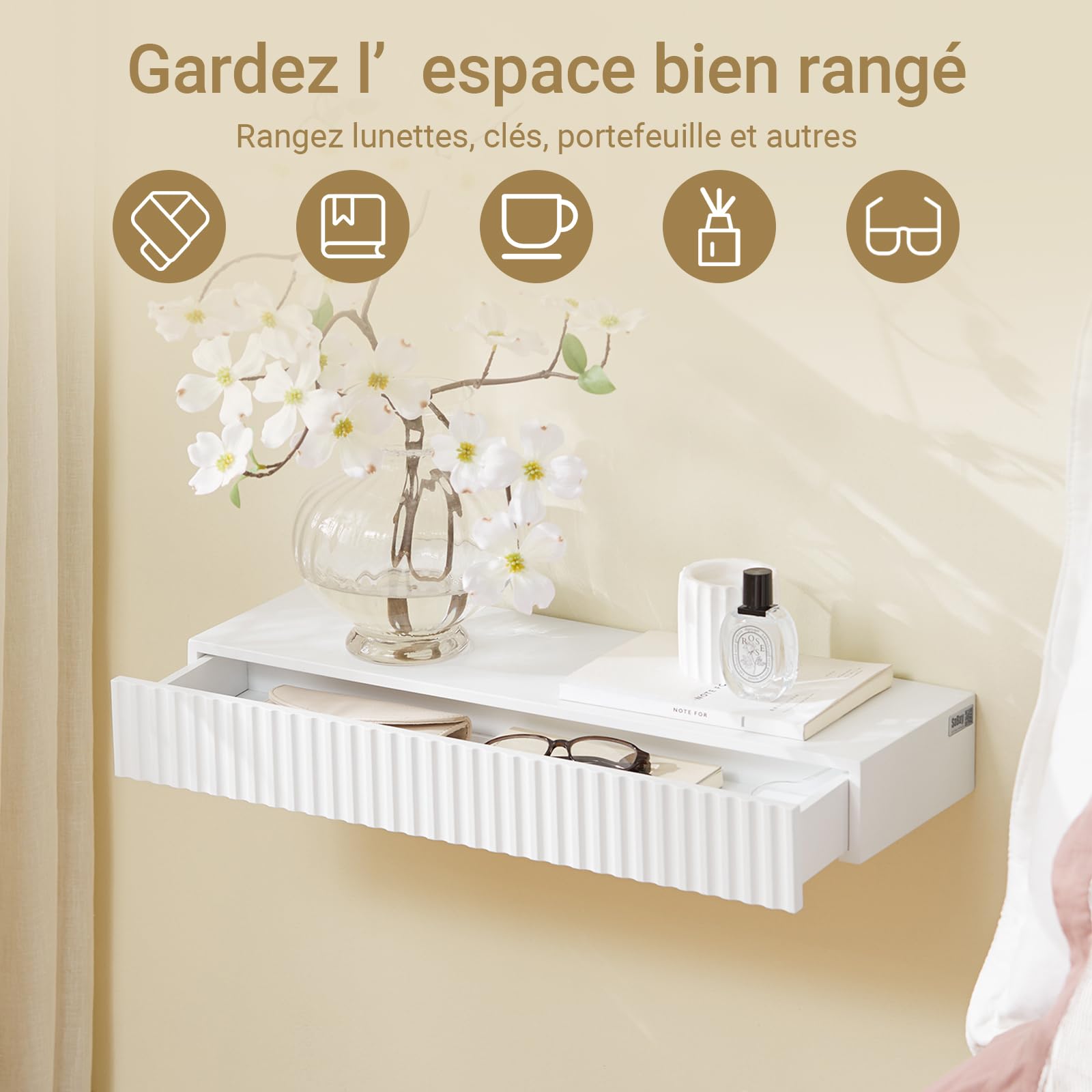 SoBuy Étagère Murale Flottante avec tiroir & éclairage LED à détecteur de Mouvement, pour Chambre, entrée & Salon, à Piles, L60 × P20 × H8 cm, Blanc, FHK38-W