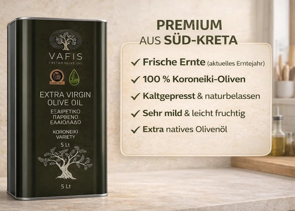 Vafis Kreta Olivenöl 5L Kanister – 100 % Koroneiki aus Griechenland – Frische Ernte Griechisches Öl, Orea Feinkost