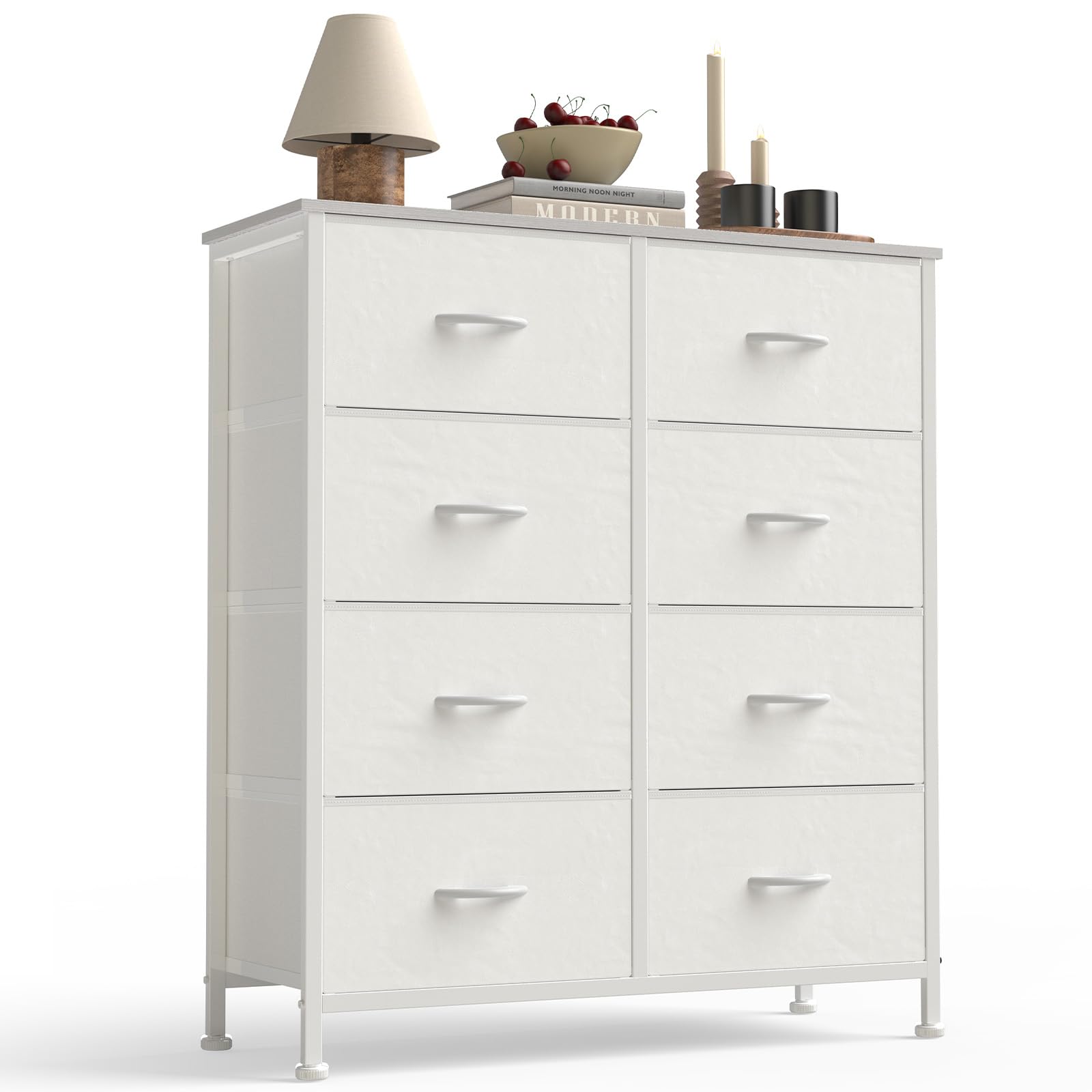 newbulig 8 drawer fabric dresser storage tower with durable steel frame and wood top high capacity storage dresser for bedroom living room dorm and apartment,white02