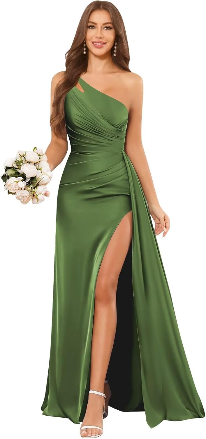 HYY One Shoulder Bridesmaid Dresses for Women Mermaid Satin Pleated Formal Evening Gowns for Wedding with Slit