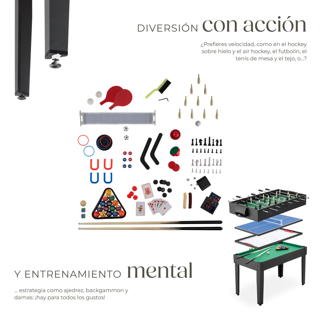 tectake® Mesa Multijuegos 15 en 1, Juego de Mesa Multifuncional Modular, Futbolines para Niños, Juegos Reunidos, Billar para Niños, Black Jack, Ajedrez, Ping Pong y Más - 123 x 125 x 83 cm