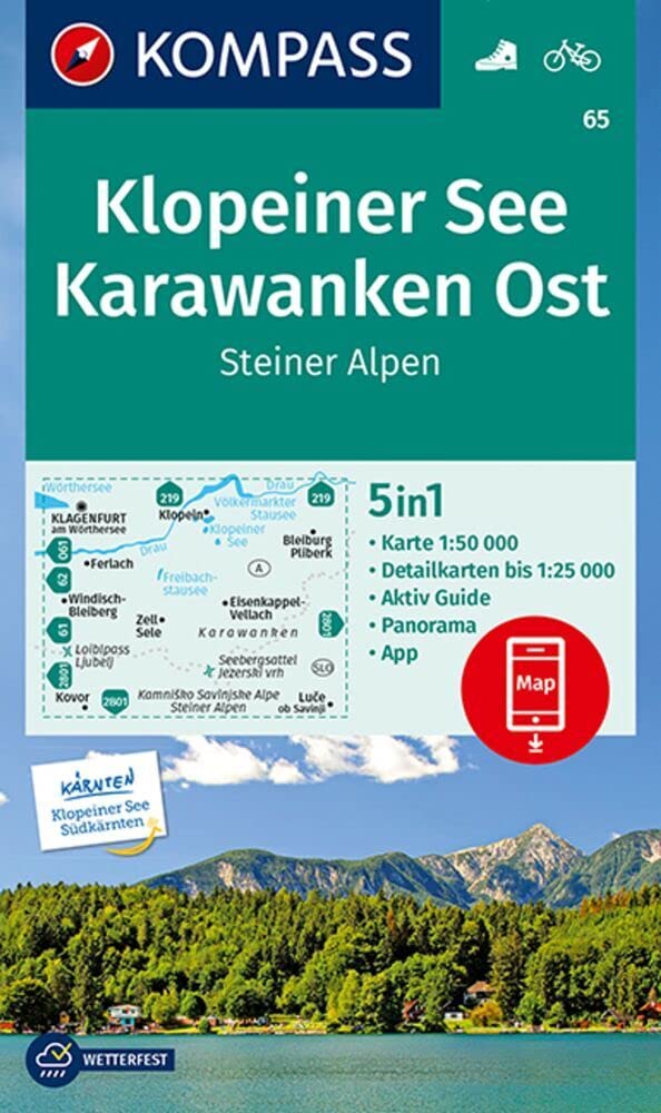 Klopeiner See, Karawanken Ost, Steiner Alpen + Aktiv Guide (65): 5in1 Wanderkarte mit Panorama, Aktiv Guide und Detailkarten inklusive Karte zur offline Verwendung in der KOMPASS-App. Fahrradfahren.