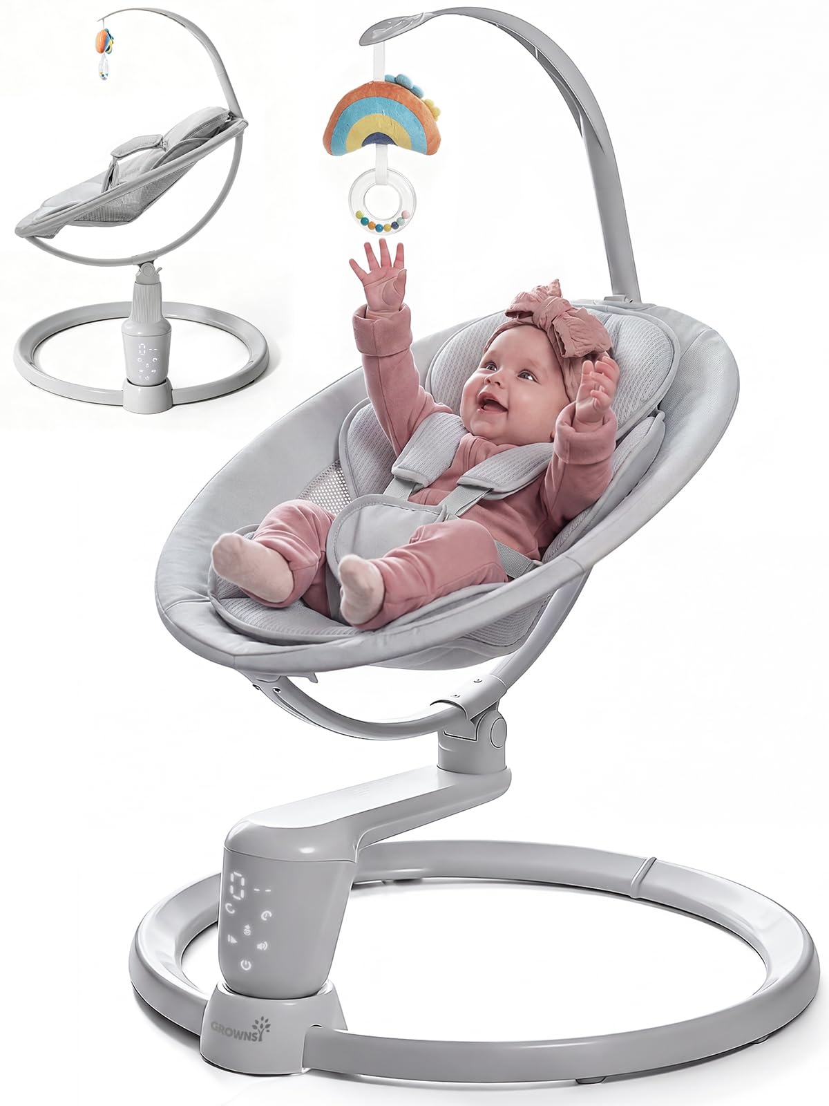 Grownsy Baby Swings for Infants, Dual Motion Side-to-Side & Front-to-Back Baby Rocker Swing with 5 Speeds and Built-in Music, 270° Seat Rotation, 5-Point Harness for Newborn 0-9 Months, Gray