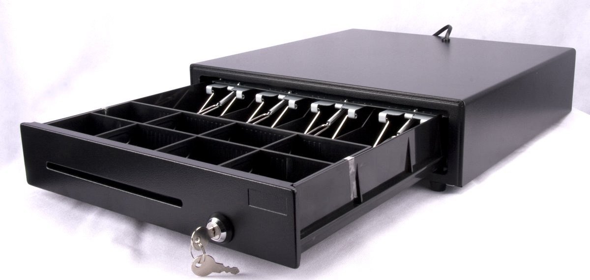 Geldlade iQCash410 mm – RJ11/RJ12 Kassenschublade aus Metall mit 4 Scheinfächern, 8 Münzfächern, 2 Schlüsseln – Schwarz, Kassenlade, Geldschublade