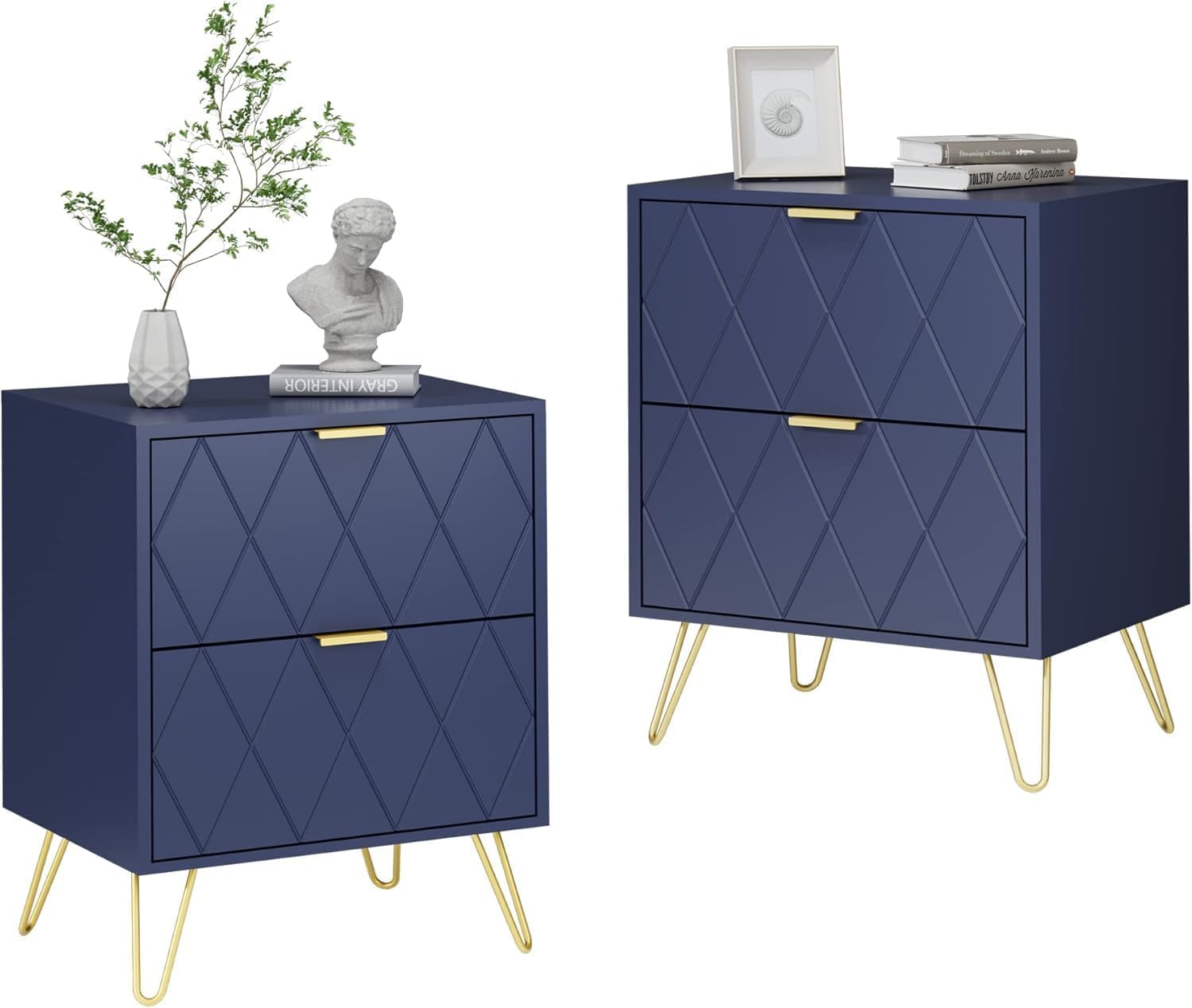 UEV Lot de 2 Table à Chevet, Table de Nuit, Table d’Appoint avec 2 Tiroirs, avec Manches et Pieds en Couleur Doré, Style Moderne, Scandinave pour Salon, Chambre, 40 x 30 x 52 cm, Bleu (2 Tiroirs)