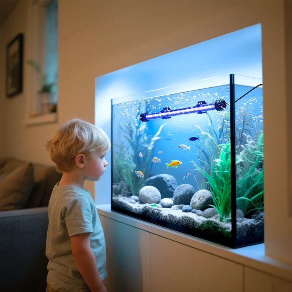 LED Submersible Aquarium Light 4W Underwater Fish Tank Light with Blue White&Blue and White Three Light Modes Timer Automatic On/Off and Dimmer Brightness Adjustable (7.5inch)