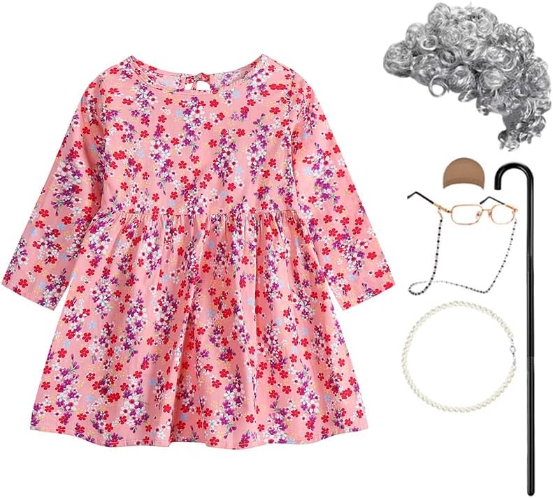 IBTOM CASTLE 100 Days of School Costume Old Lady Costume for Toddler Girls Grandma Dress Wigs Fancy Dress