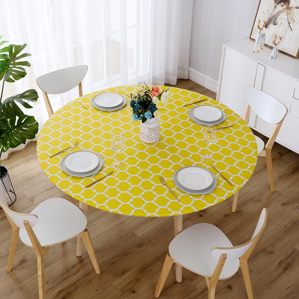 Yougang Yellow Round Elastic Table Protector Wipeable 48/60/72In Tablecloth With Flannel Backing,Waterproof Pvc Table Cloth For Dining Kitchen Picnic Party (,72In)