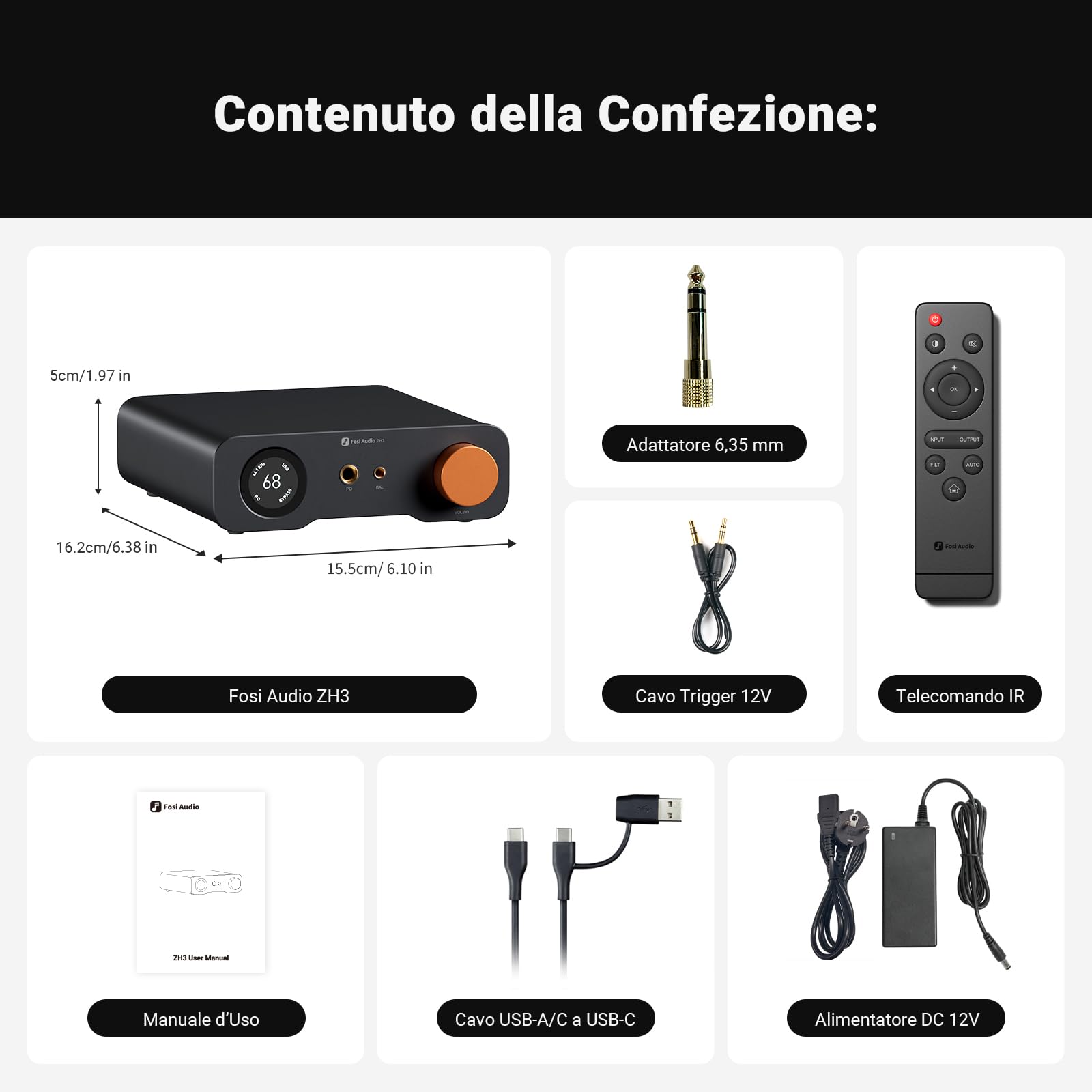 Fosi Audio ZH3 DAC HiFi Amplificatore per Cuffie, Preamplificatore Bilanciato con AKM4493SEQ XMOS XU316 PCM 768kHz per amplificatori, Ingresso USB/ottico/COAX/RCA/12V, Uscita XLR/RCA/4,4/6,35mm