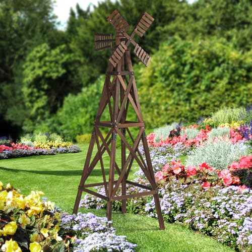 VINGLI Wood Wind Spinner Sturdy Cross-Braced Windmill for All Weather Outdoor Wind Mill for Garden Patio Lawn Decoration (Carbonized)