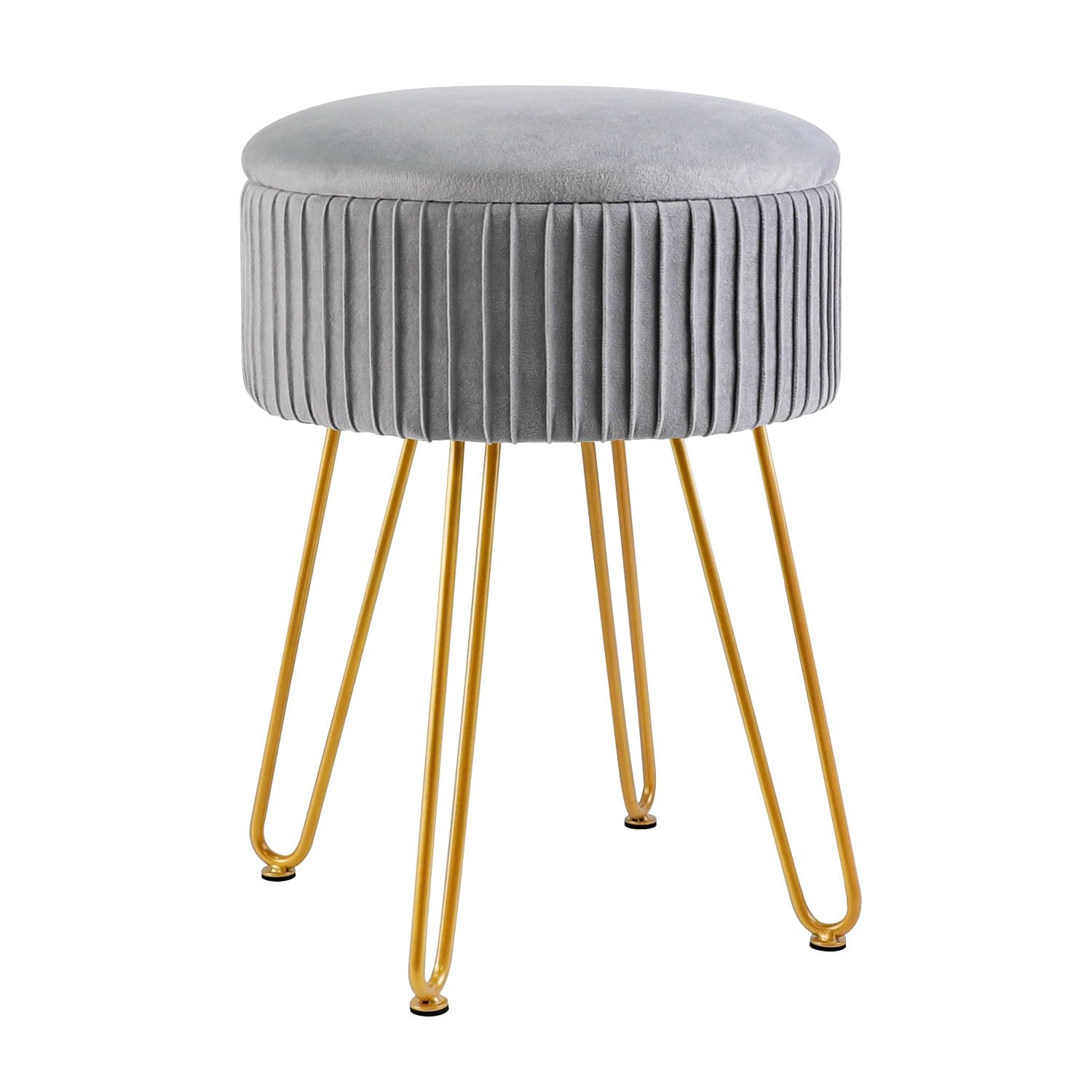XTECH Stripe Velvet Vanity Chair Round Ottoman, Upholstered Vanity Makeup Footstool Side Table Dressing Chair with Golden Metal Legs (Grey), DBXT7164-70