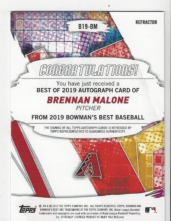Brennan Malone Autographed Topps Certified Collectible Baseball Card - 2019 Bowman Best Baseball Card #B19-BM (Diamondbacks) Free Shipping