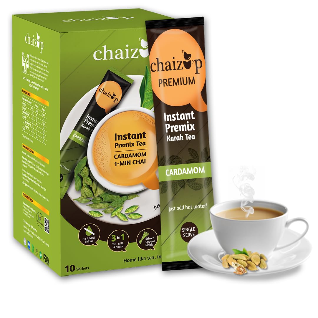 Chaizup Instant Cardamom Premix Karak Hot Instant Ready to Drink Authentic India Tea with Cardamom and Low Sugar, Aroma and Taste , Easy to Make Tea - 10 Sachets