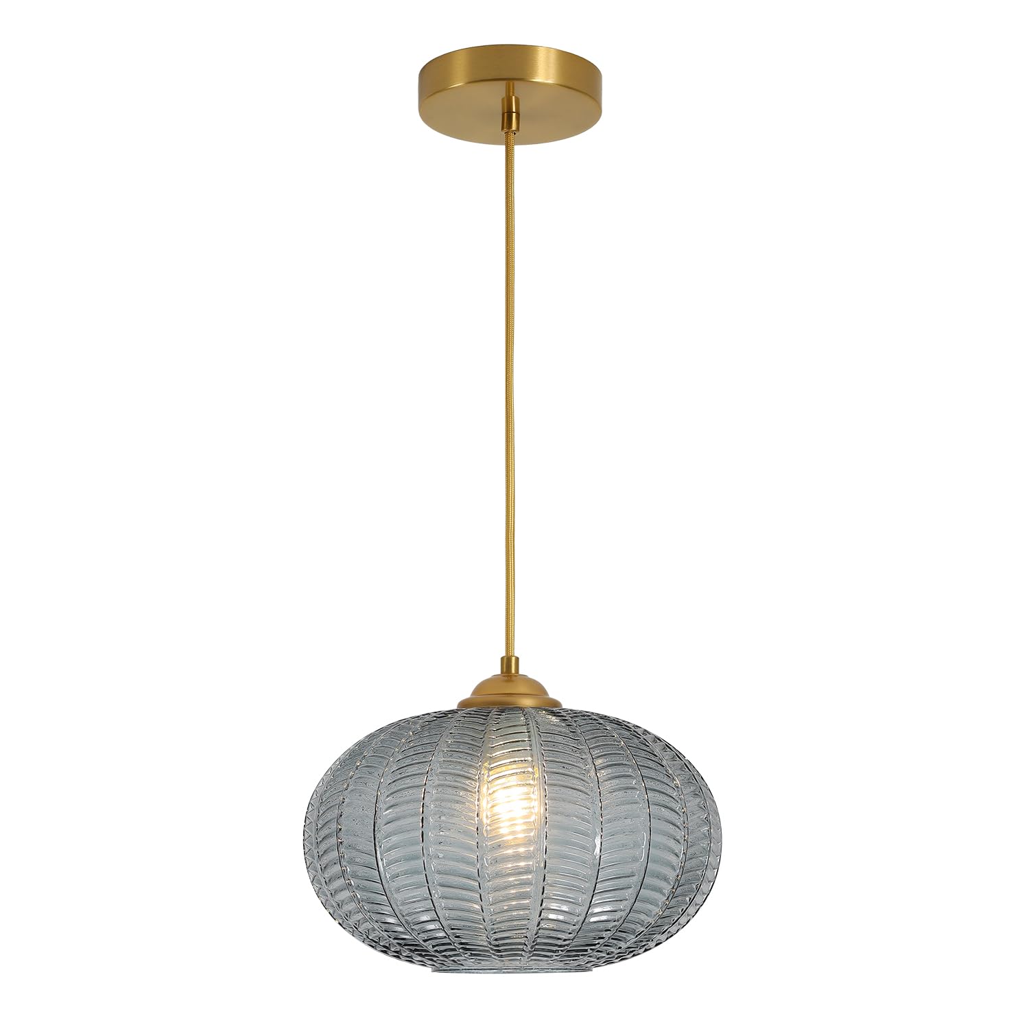 KXEcoLife Large Brass Pendant Light Fixture for Kitchen Island, Modern Mid-Century Smoky Glass Globe Chandelier, Striped Design, Hanging Lamp Dining Room Decor