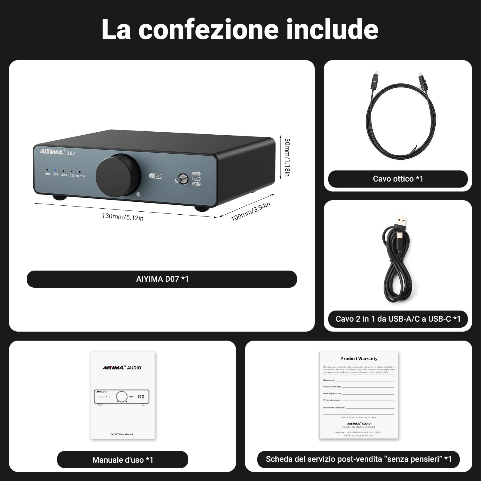 AIYIMA D07 Mini desktop HiFi DAC convertitore audio digitale analogico decoder AK4493S per amplificatore stereo domestico e amplificatore per cuffie, ingresso ottico/coassiale/USB, uscita RCA, 32 bit