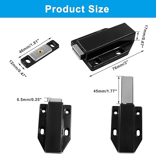 Miniatura 2 de 2 pestillos magnéticos negros de empuje resistentes de 2.992 x 1.811 x 0.669 in, cierre magnético táctil para abrir con tornillos para cajón