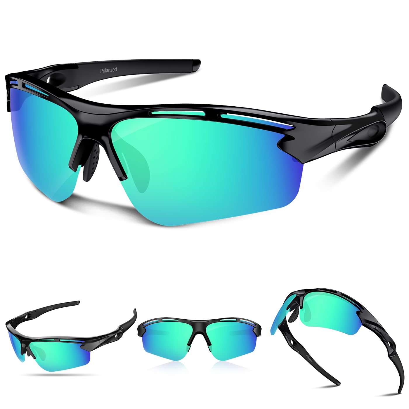 Polarized Sports Sunglasses for Men Women Youth Baseball Running Cycling Driving Fishing Tennis Golf TAC UV400 TR90, black/green, One Size