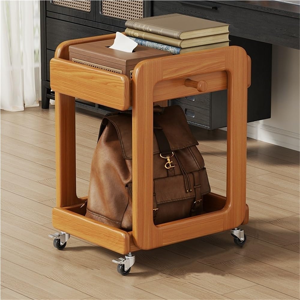 Solid Wood Rolling Under Desk Storage, Movable Bedside Table with Wheels, Adjustable Multi-Tier Storage Cart for Living Room, Office, Bedroom(Natural)