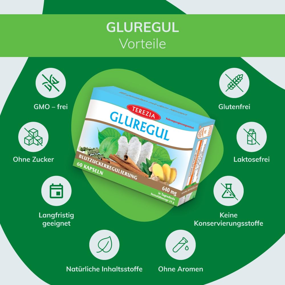 GLUREGUL 60 Kapseln | Natürliche Unterstützung für die Blutzuckerregulierung | Mit Stinktierkohl, Terminalia Arjuna, Medizinischem Ingwer & Zimt | 100% Natürlich, 640mg