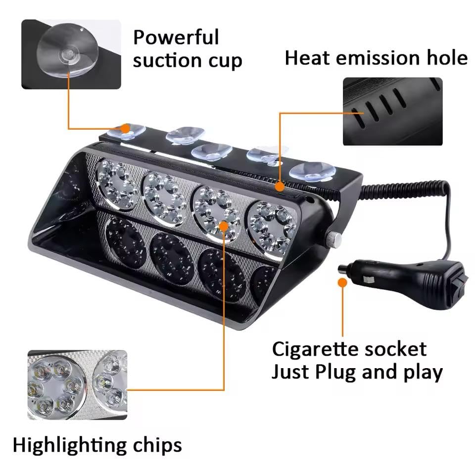 Image of AutoBizarre 12V Car Dash Emergency Warning Strobe Red Blue Flasher Windshield Sucker LED light With Multiple Flashing Modes For All Cars, Emergency Vehicles, etc. (24 LED Red Blue With Remote)