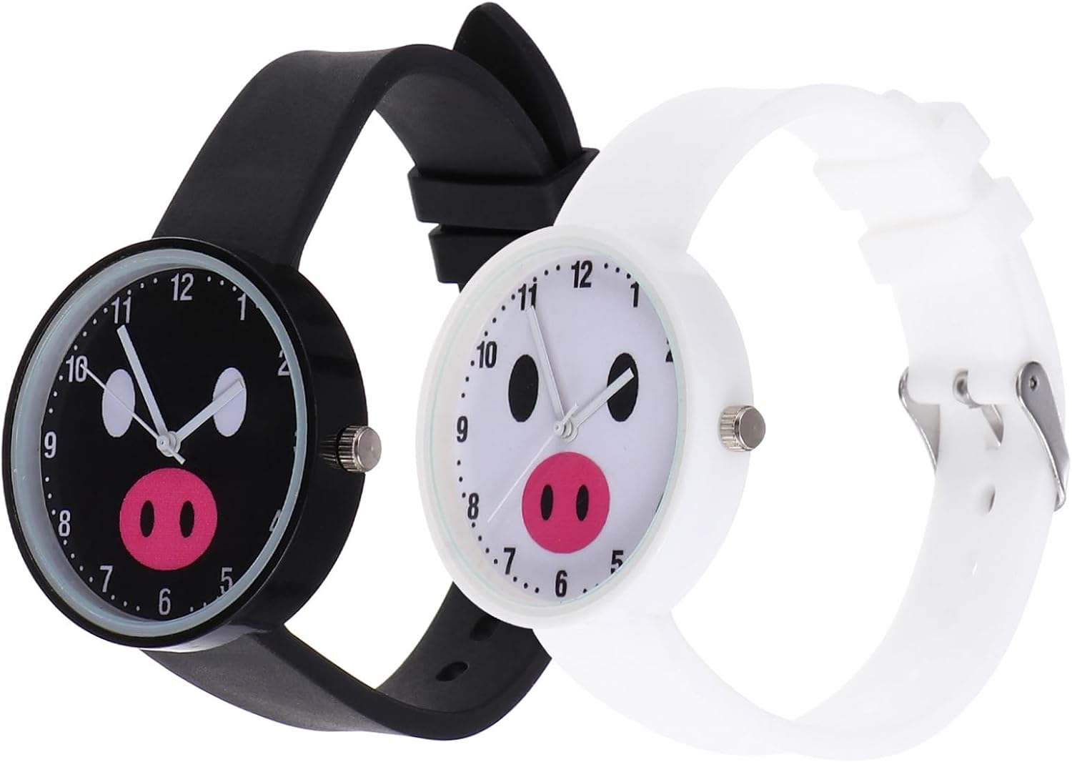 Holibanna 2pcs Waterproof Cartoon Silicone Watches, Quartz Analog ’s Wristwatches, White and Black Pig Design for Students and Everyday Wear
