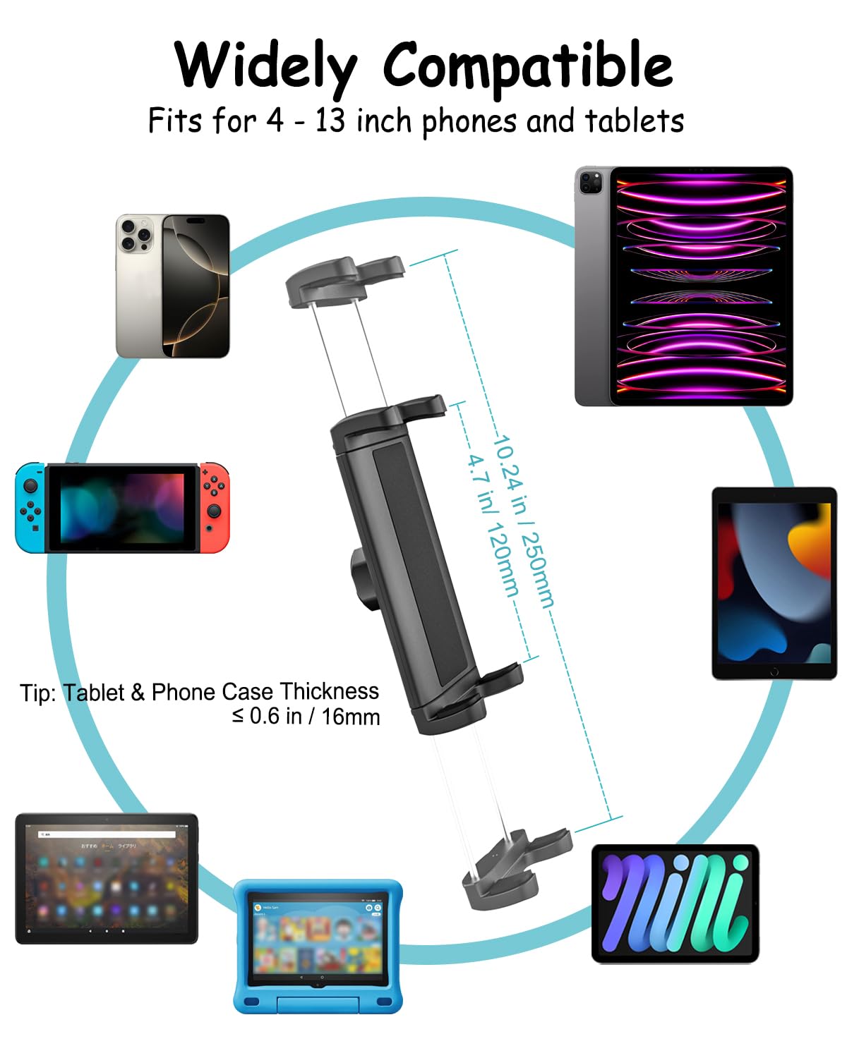 Supporto Tablet per Poggiatesta Auto, Velcro ad Alta Elasticità Supporto Tablet Auto Sedile Posteriore, 360° Rotazione, per iPad Pro Air Mini, iPad 10.9", Galaxy Tab S A, iPhone, 4"~13" Tablet