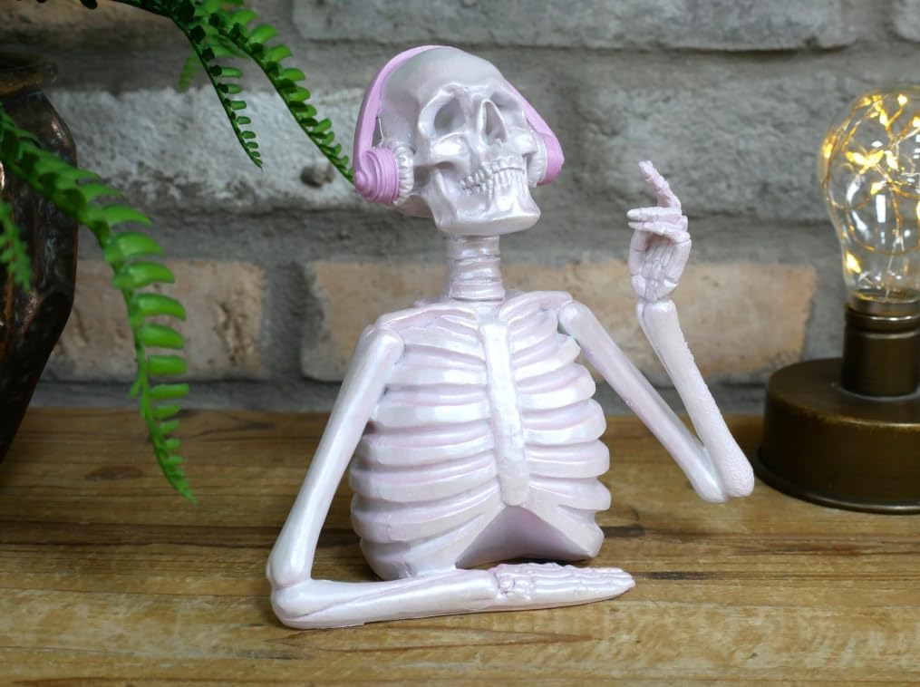 Skeleton With Headphones (Pink) Bust Ornament, Intricately Crafted Resin Tabletop Sculpture - Halloween Decor, Unique Home Decor for a Skeletal Touch!